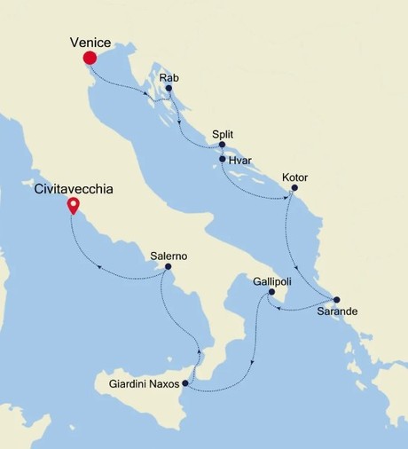 Map for Venice to Civitavecchia (Rome)