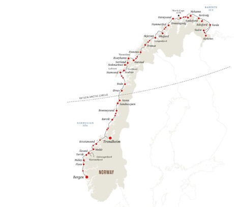 Map for 11-Day Norwegian Voyage | Bergen - Kirkenes - Trondheim