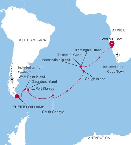 Map for 23 Days Transatlantic Luxury Cruise - Puerto Williams to Walvis Bay