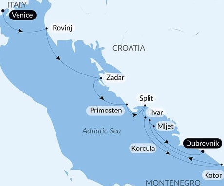 Map for Well-being Break in Dalmatia Luxury Small Ship Cruise