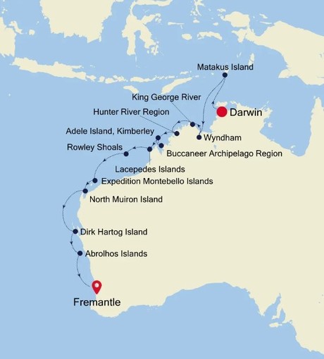 Map for Darwin to Fremantle - 20 Day Western Australia Expedition Cruise