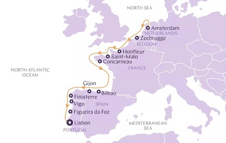 Map for Western Europe: Amsterdam to Lisbon