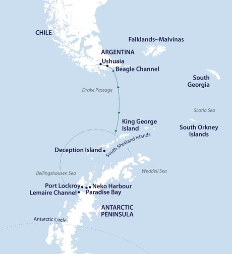 Map for Spirit of Antarctica: Whale Migration 11 Day Expedition
