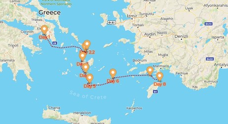 Map for Yoga Retreat. Cyclades - Dodecanese Small Ship Cruise