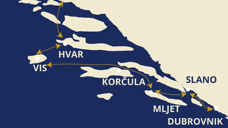 Map for Cruise from Dubrovnik to Split in Luxury